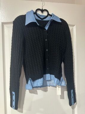 Commense Black Cable-Knit Button Cardigan with Light Blue Shirt Detail